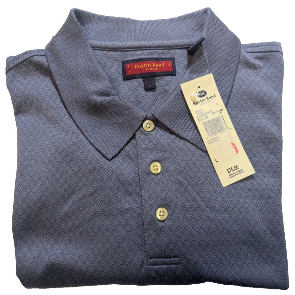 NWT Austin Reed London Men's L Polo Long Sleeve Sandringham Copen Blue Geometric